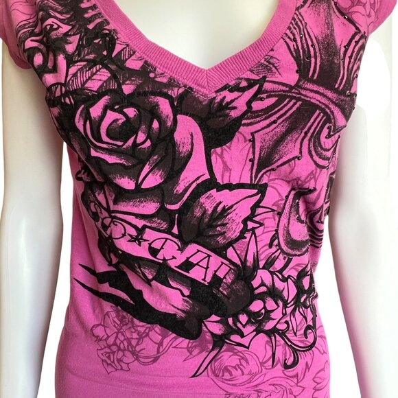 So Cal Rose Design Graphic V-Neck T-Shirt Pink Cotton/Spandex Blend Womens Sz L - Picture 3 of 7